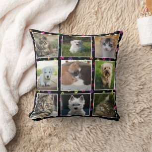 Dogs Cats Colourful Paw Prints Pet Photo Collage Cushion