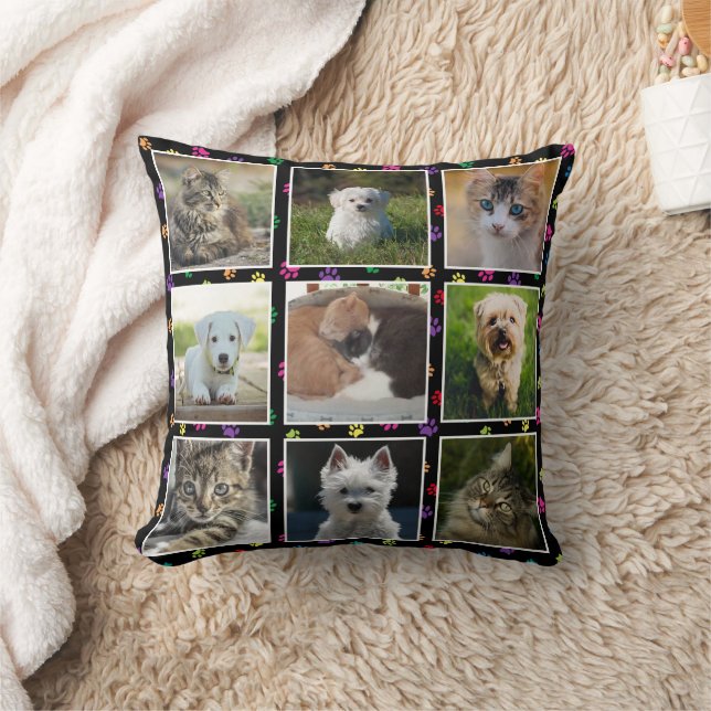 Dogs Cats Colourful Paw Prints Pet Photo Collage Cushion (Blanket)