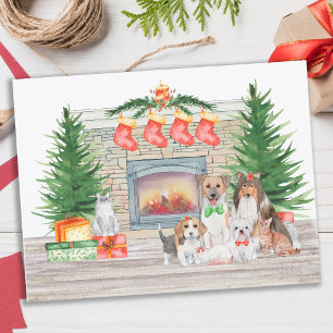 Dogs Cats Puppies Kittens Cute Christmas Fireplace Holiday Postcard
