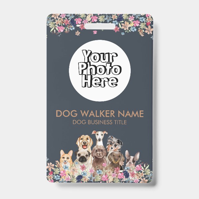 Dogs Cute Floral Watercolor Photo ID Badge (Front)