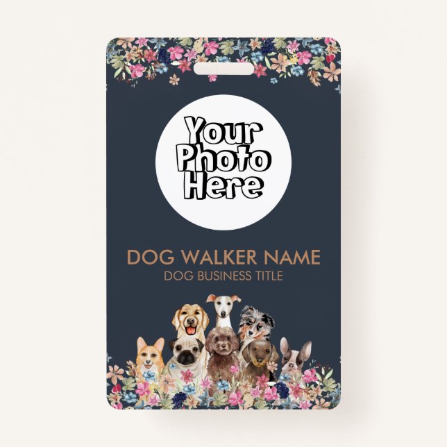 Dogs Cute Floral Watercolor Photo ID Badge (Front)
