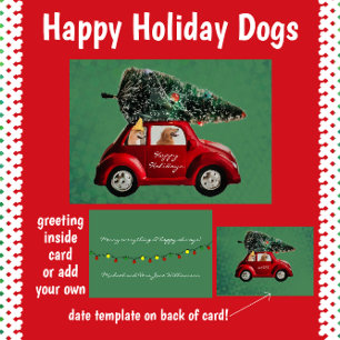 Dogs Driving Home with Retro Christmas Tree Holiday Card