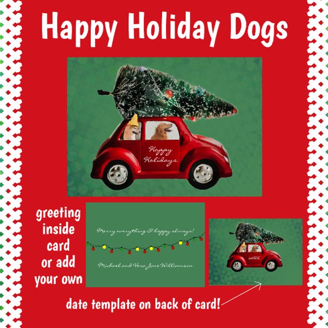 Dogs Driving Home with Retro Christmas Tree Holiday Card (Creator Uploaded)