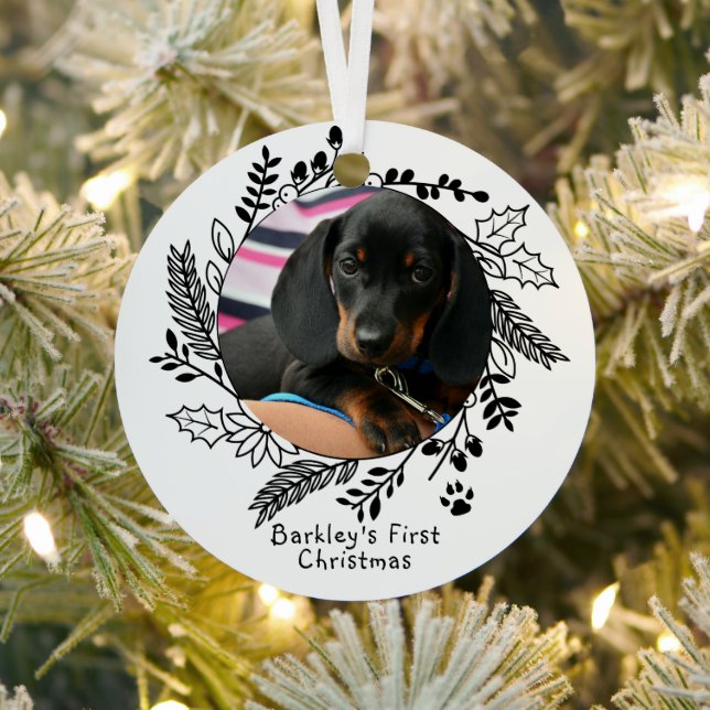 Dogs First Christmas Personalised Photo and Name Metal Tree Decoration (Insitu)