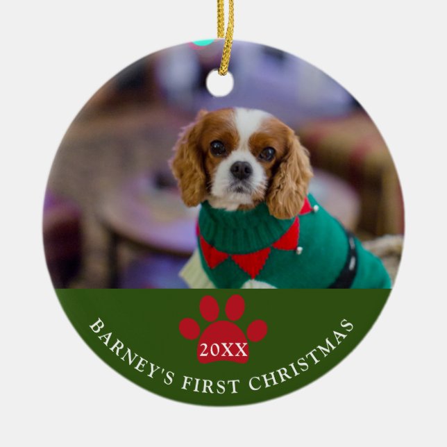 Dog's First Christmas Photo Green Ceramic Ornament (Front)