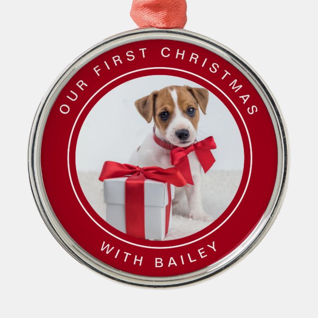 Dog's First Christmas | Red and White with Photo Metal Ornament (Front)