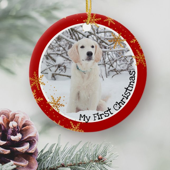 Dog's First Christmas Red Gold Snowflakes Photo Ceramic Ornament (Puppy First Christmas photo ornament keepsake)