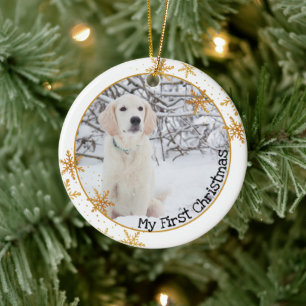 Dog's First Christmas White Gold Snowflakes Photo Ceramic Ornament