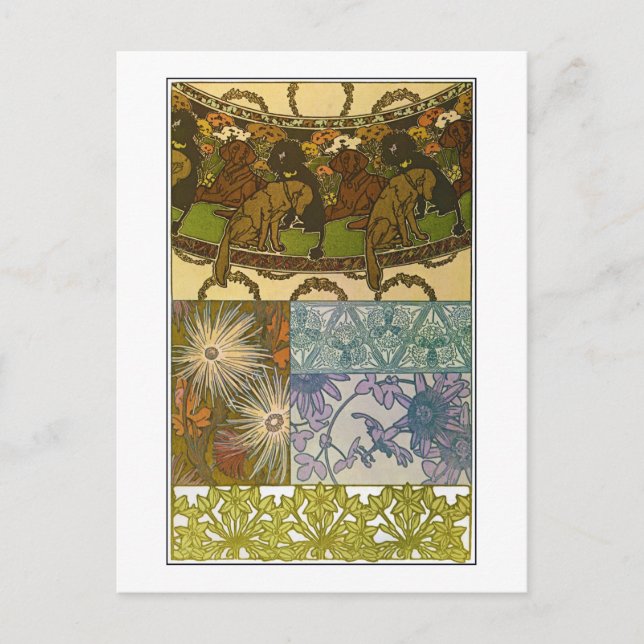 Dogs & Flowers of Art Nouveau Style, Mucha Postcard (Front)
