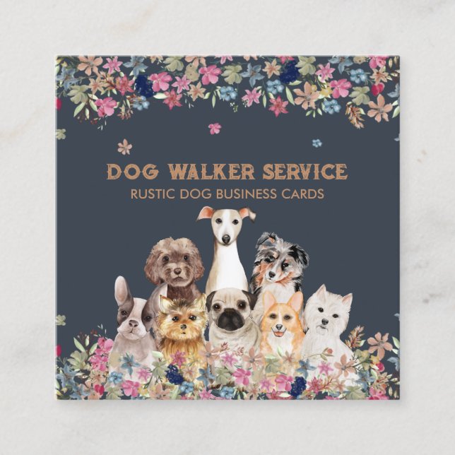 Dogs Flowers Rustic Pet Service Floral Square Business Card (Front)