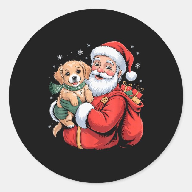Dogs Golden Retriever Puppy Santa Christmas Funny  Classic Round Sticker (Front)