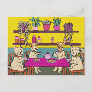 Dogs having afternoon tea announcement postcard
