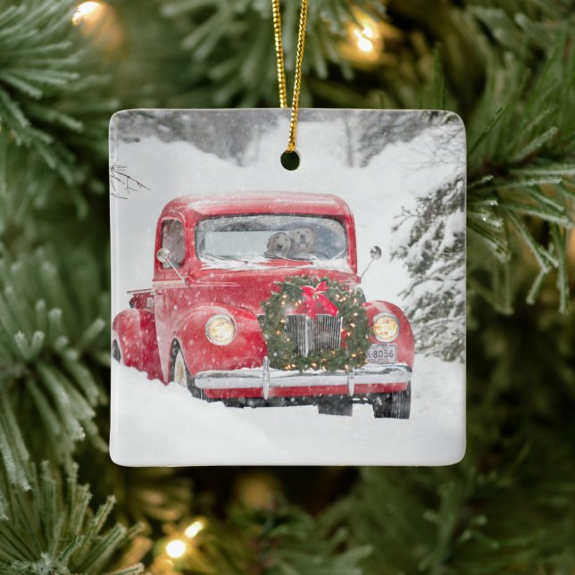 Dogs in a Truck Ceramic Ornament (Tree)