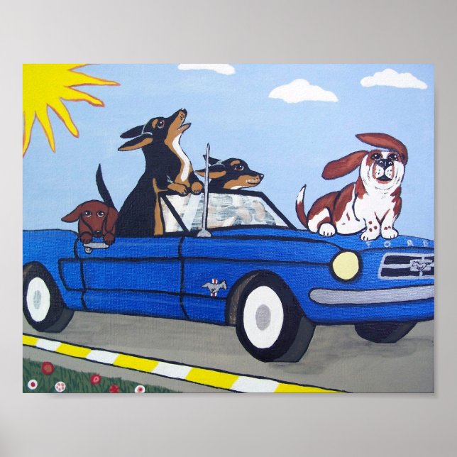 Dogs in Blue Mustang Summer Cruising Poster (Front)