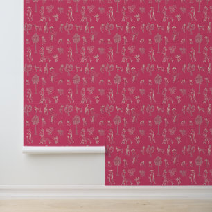 Dogs Lady Toile de Jouy Dark Pink Colour  Wallpaper