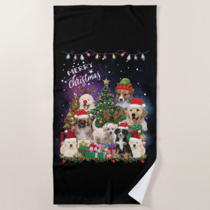 Dogs Merry Christmas Light Beach Towel