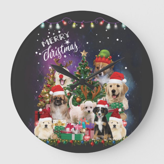 dogs Merry christmas Light Large Clock (Front)