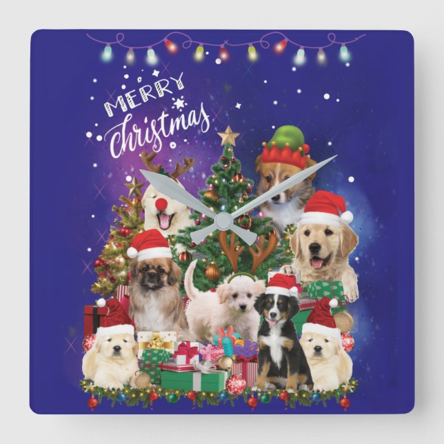 dogs Merry christmas Light Square Wall Clock (Front)