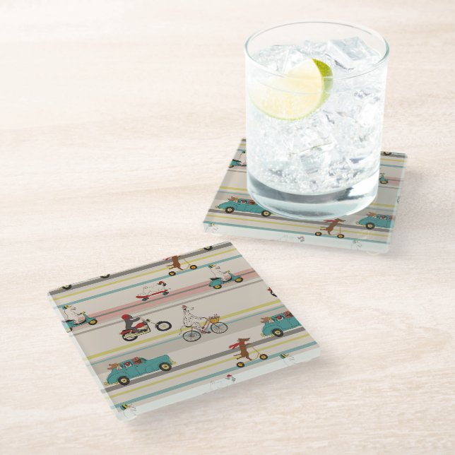 Dogs Moving in Vehicles Pattern Glass Coaster (Angled)
