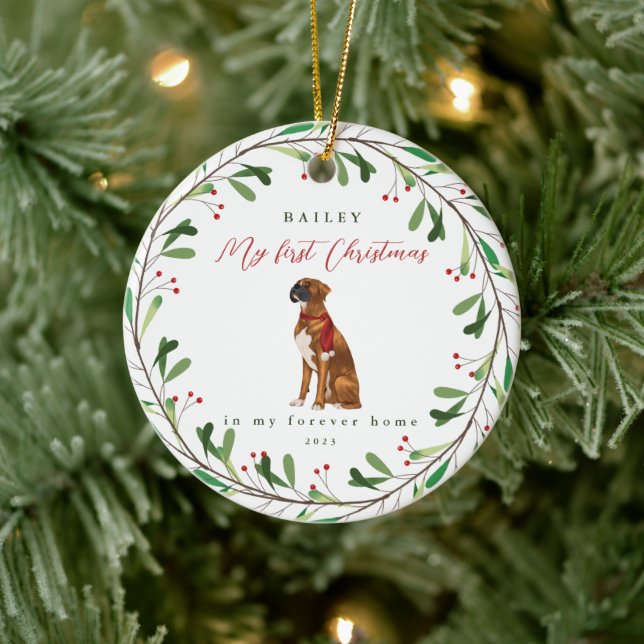 Dog's My First Christmas with Name Boxer Ceramic Ornament (Tree)
