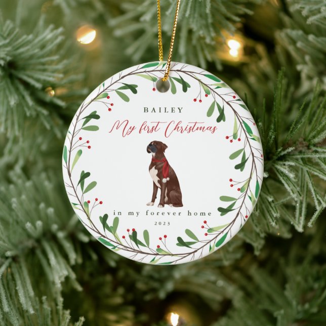 Dog's My First Christmas with Name Brown Boxer Ceramic Ornament (Tree)