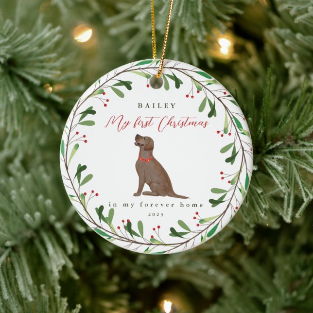 Dog's My First Christmas with Name Chocolate Lab Ceramic Ornament (Tree)