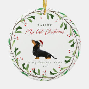 Dog's My First Christmas with Name Dachshund Ceramic Ornament
