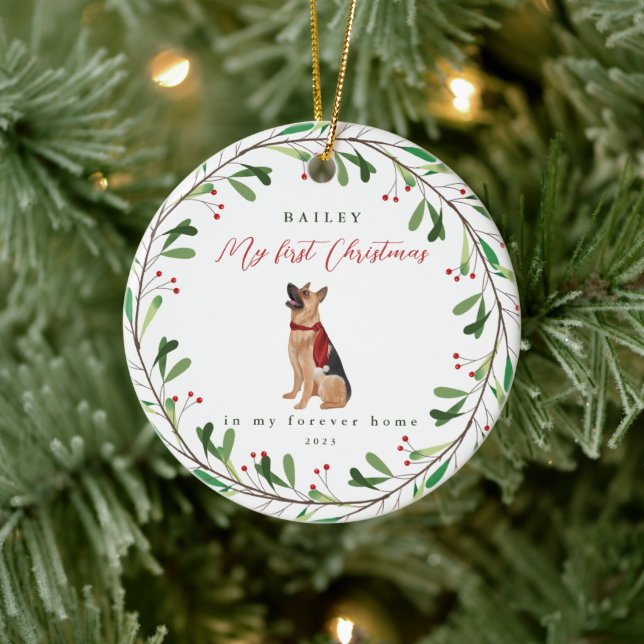 Dog's My First Christmas with Name German Shepherd Ceramic Ornament (Tree)