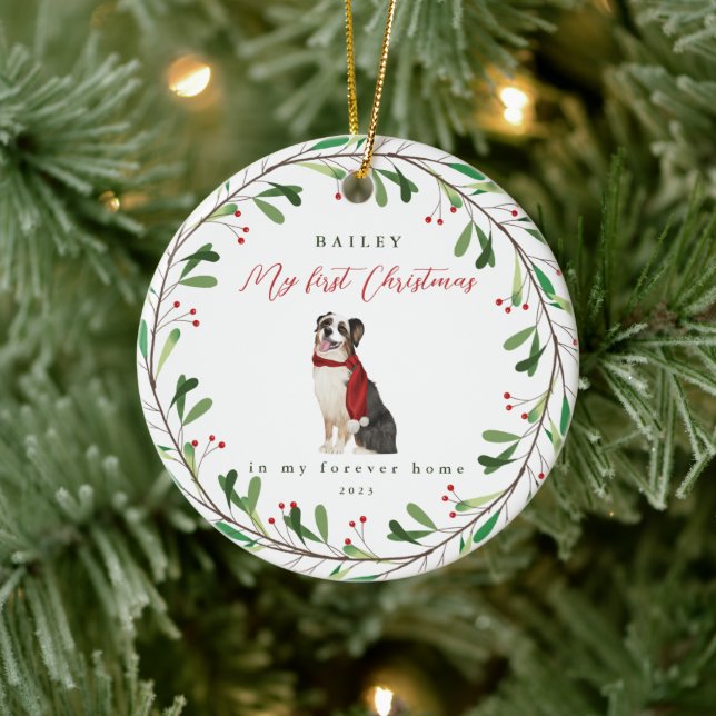 Dog's My First Christmas with Name Herding Ceramic Ornament (Tree)