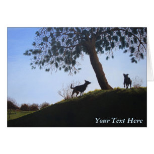 dogs on hillside  blue sky original landscpe art