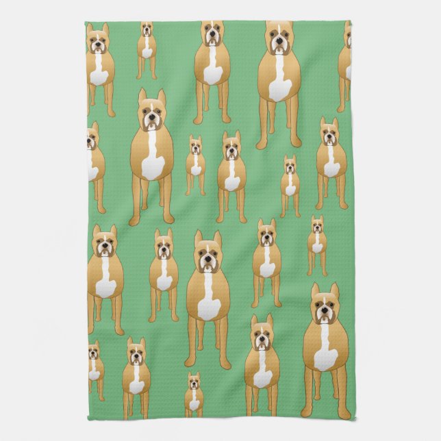 Dogs Pattern, Boxers on Green. Tea Towel (Vertical)