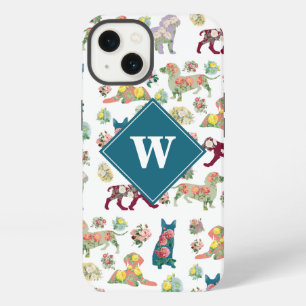Dogs Pattern & Vintage Watercolor Flowers Monogram iPhone 13 Case