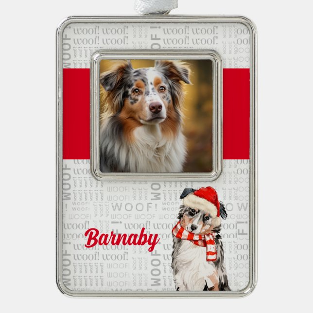 Dog's Photo and Name Australian Shepherd Santa Silver Plated Framed Ornament (Front)