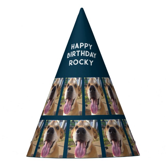Dogs Photo Happy Birthday Navy Blue Personalised Party Hat (Front)