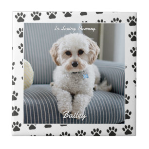 Dog's Photo, Name, In Loving Memory, Paw Prints Ceramic Tile