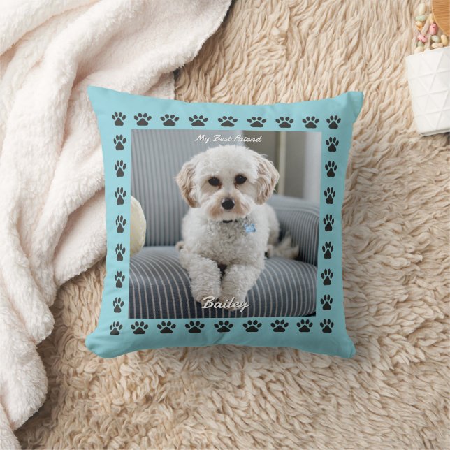Dog's Photo, Name, My Best Friend, Paw Prints Cushion (Blanket)