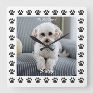Dog's Photo, Name, My Best Friend, Paw Prints Square Wall Clock