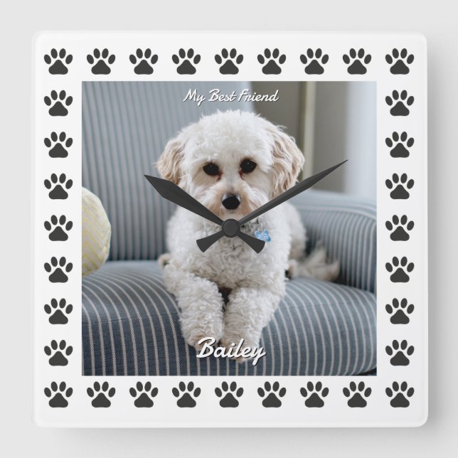 Dog's Photo, Name, My Best Friend, Paw Prints Square Wall Clock (Front)