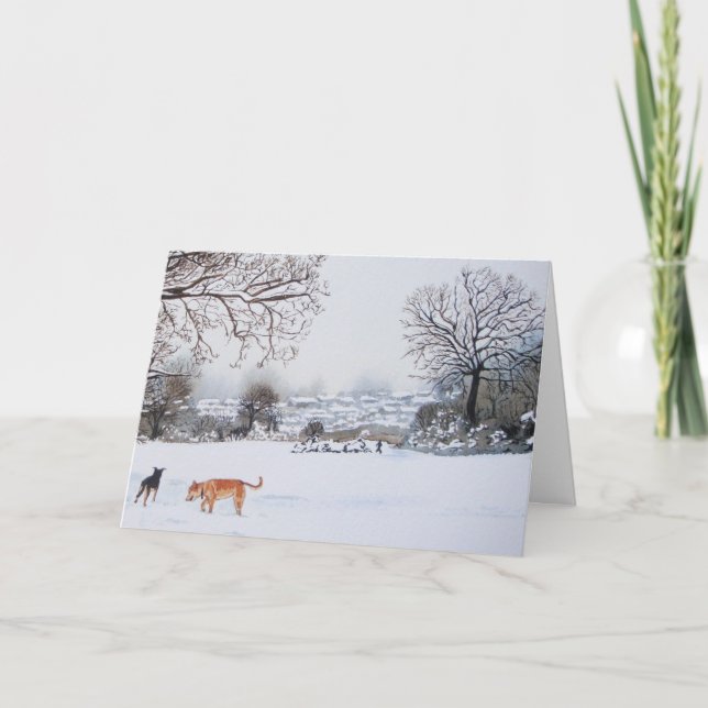 dogs playing in snowy landscape scenic christmas card (Front)