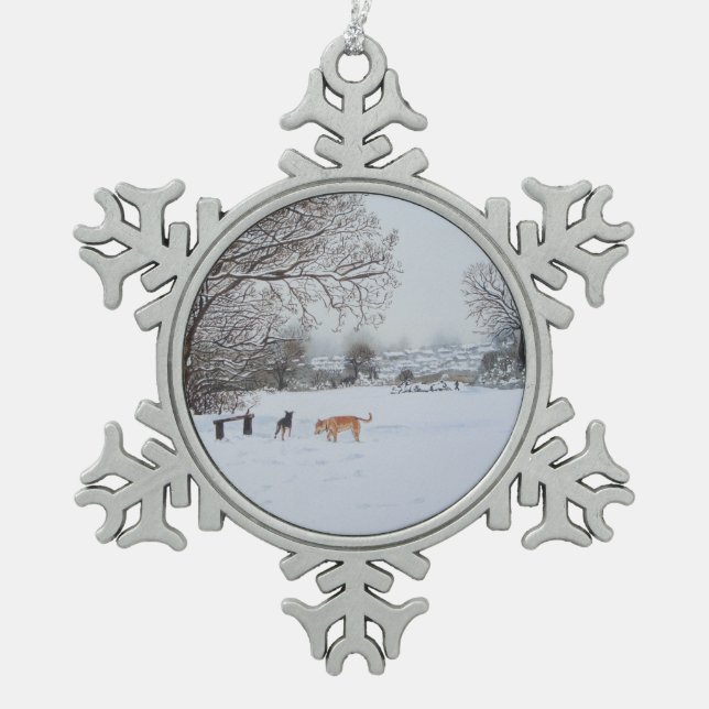 dogs playing in the snow winter landscape snowflake pewter christmas ornament (Front)