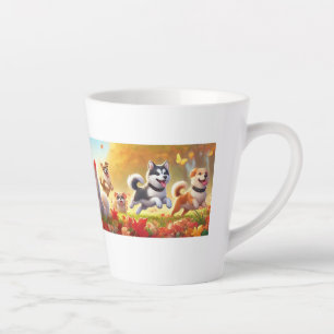 Dogs playing joyfully in the fall leaves latte mug