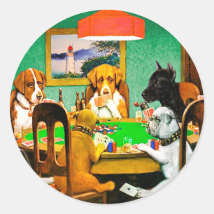 Dogs Playing Poker Classic Round Sticker