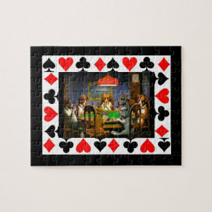 Dogs Playing Poker with Card Suits Border Jigsaw Puzzle