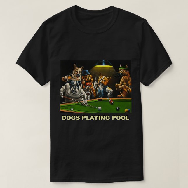 Dogs Playing Pool Art Work Puppies Snooker Pocket  T-Shirt (Design Front)