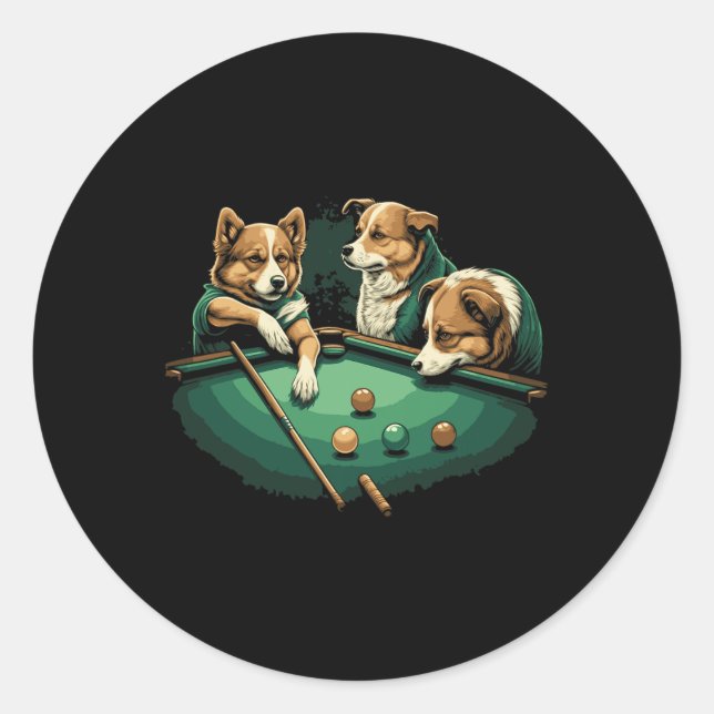 Dogs Playing Pool Table Billiards 8 Ball  Classic Round Sticker (Front)