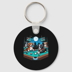 Dogs Playing Pool Table Billiards 8 Ball Key Ring