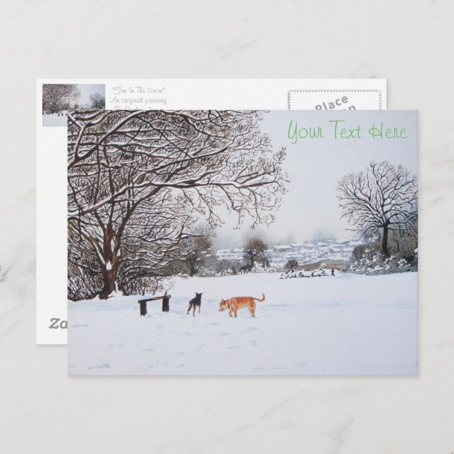 dogs playing snow scene landscape at christmas postcard (Front/Back)