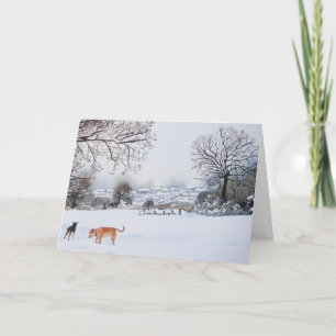 dogs playing snow scene landscape painting art card