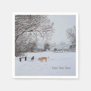 dogs playing snow scene original landscape art napkin