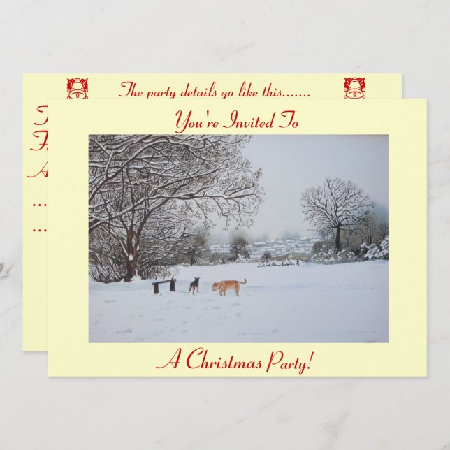 dogs playing winter snow scene christmas party invitation (Front/Back)